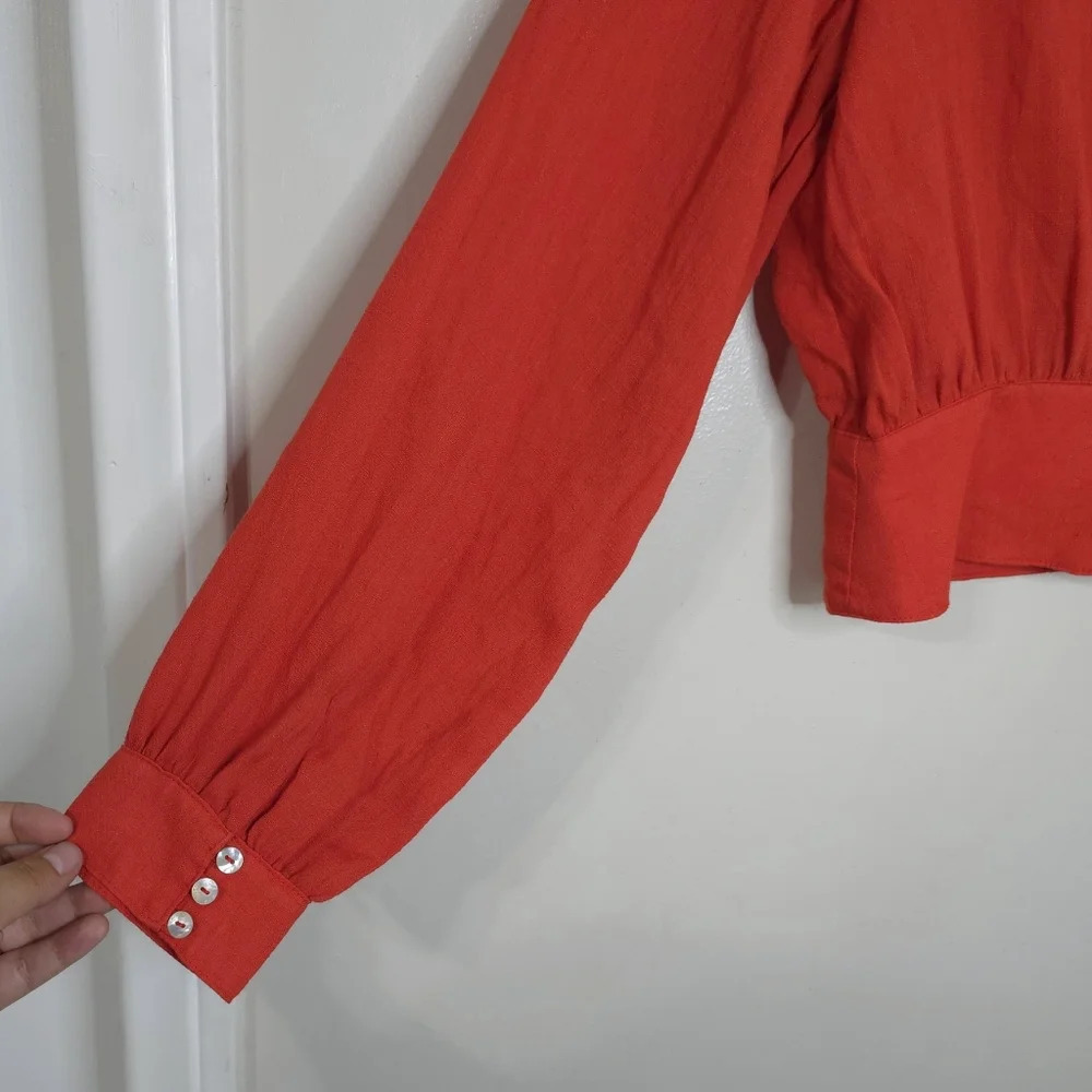 FREE PEOPLE Long Sleeve Deep V-Neck Gauzy Boho Top W/ Mother of Pearl Buttons, M - Picture 6 of 15